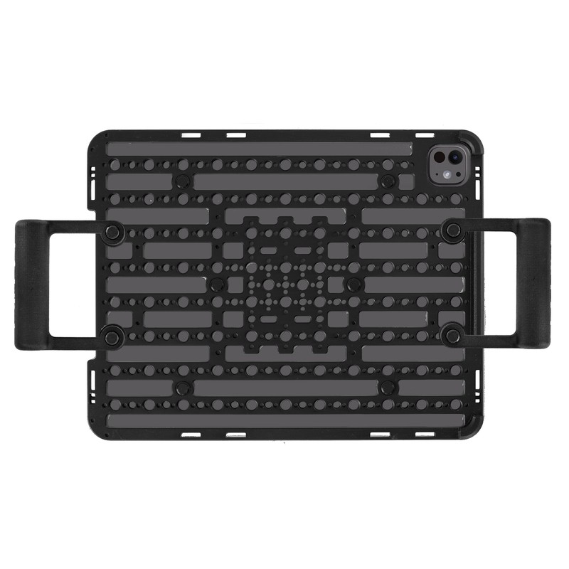 LS Digi cheese plate for the 13 inch iPad Pro with both handles fitted, seen from behind