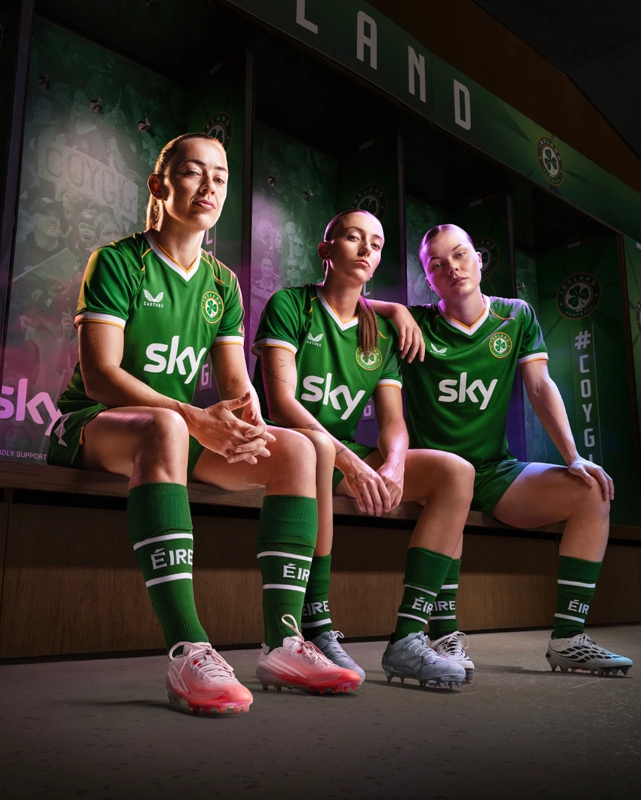 Katie McCabe, Abbie Larkin and Emily Murphy for Sky's Belief is Better campaign with Ireland Football, photograph by Kevin Goss-Ross, digi tech by DigiOp