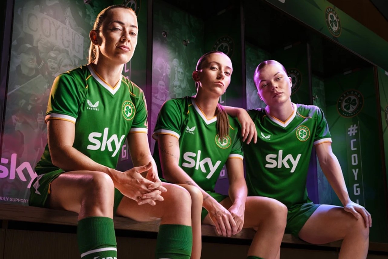 Katie McCabe, Abbie Larkin and Emily Murphy for Sky's Belief is Better campaign with Ireland Football, photograph by Kevin Goss-Ross, digi tech by DigiOp